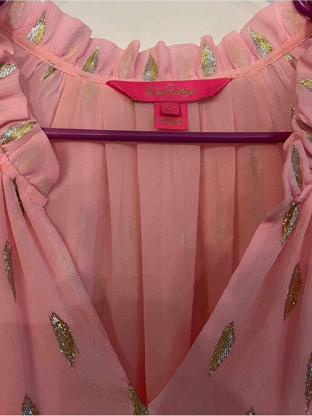 Lilly Pulitzer Pink Chiffon Blouse with Gold Foil Leaf Print - Picture 3 of 6